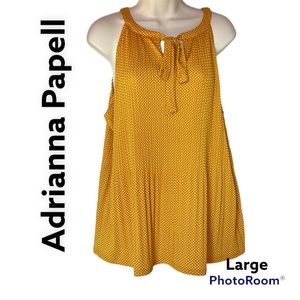 Adrianna Papell women’s gold white dot sleeveless top tie top pleated Sz Large
